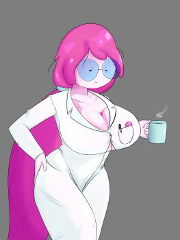 absurdres adventure_time breasts colored_skin cup glasses highres holding holding_cup lab_coat large_breasts long_hair mug pachalt pink_hair pink_skin princess_bonnibel_bubblegum round_eyewear solo very_long_hair