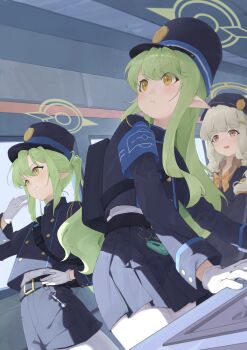 3girls absurdres aoba_(blue_archive) armband backpack bag belt black_belt black_hat black_jacket black_shorts black_skirt blonde_hair blue_archive blue_armband blurry blush bow bowtie brown_eyes brown_shirt buttons chinese_commentary closed_mouth collared_shirt commentary cowboy_shot demon_girl depth_of_field double-breasted eyes_visible_through_hair gloves green_hair green_halo hair_between_eyes hair_ornament hairclip halo hand_on_own_hip hand_up hat highres hikari_(blue_archive) jacket long_hair long_sidelocks long_sleeves making-of_available multiple_girls newsboy_cap nozomi_(blue_archive) open_mouth pantyhose parted_bangs peaked_cap pleated_skirt pointy_ears shandian_yz shirt shirt_tucked_in shorts siblings sidelocks sisters skirt smile swept_bangs train_interior turning_head twins twintails v-shaped_eyebrows very_long_hair white_gloves white_pantyhose white_shirt yellow_armband yellow_bow yellow_bowtie yellow_eyes yellow_halo
