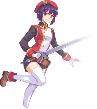 Rule 34 | 1girl, alpha transparency, arched back, artist request, badge, belt, belt buckle, beret, black shirt, black shorts, black sleeves, black sweater, breasts, brown belt, brown eyes, brown shoes, buckle, buttons, closed mouth, collared shirt, gloves, gold buttons, hat, holding, holding sword, holding weapon, ispin charles, jacket, large belt, leg up, long sleeves, looking at viewer, loose belt, medium breasts, military hat, military jacket, military uniform, multicolored jacket, narrow waist, nexon, official art, open hands, plain epaulettes, purple hair, red hat, red jacket, second-party source, shirt, shoes, short hair, shorts, simple background, skinny, sleeve cuffs, sleeveless, sleeveless jacket, smile, solo, sweater, sword, tales weaver, thighhighs, transparent background, two-tone jacket, undershirt, weapon, white gloves, white jacket, white thighhighs, wing collar, yellow trim