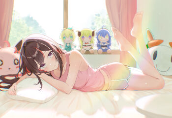 Rule 34 | 1girl, absurdres, azki (hololive), bare arms, barefoot, blush, breasts, brown hair, character doll, character pillow, closed mouth, colored inner hair, commentary, doll, dolphin shorts, double-parted bangs, feet, feet up, from side, full body, hair down, hair intakes, highres, hololive, hugging object, kazama iroha, long hair, looking at viewer, loungewear, lying, medium breasts, morning, multicolored hair, on bed, on stomach, overexposure, pekomon (usada pekora), pillow, pillow hug, pink hair, pink shorts, pink streaks, pink tank top, pioneer (azki), purple eyes, raised inner eyebrows, shorts, sidelocks, sleeveless, smile, soles, solo, streaked hair, sunlight, tank top, the pose, toes, tsunomaki watame, virtual youtuber, vmerin, white streaks, window, yukihana lamy