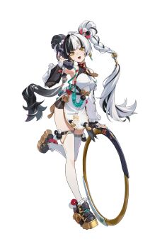 1girl absurdres bad_source bare_shoulders black_gloves black_hair black_shoes braid china_dress chinese_clothes corded_phone detached_sleeves dialyn_(zenless_zone_zero) dress earrings full_body gloves hair_ornament highres holding holding_phone jewelry long_hair looking_at_viewer multicolored_hair necktie official_art open_mouth partially_fingerless_gloves phone shoes simple_background single_glove smile solo split-color_hair standing standing_on_one_leg thighhighs tongue transparent_background twin_braids white_dress white_hair white_thighhighs wire yellow_eyes yellow_necktie zenless_zone_zero