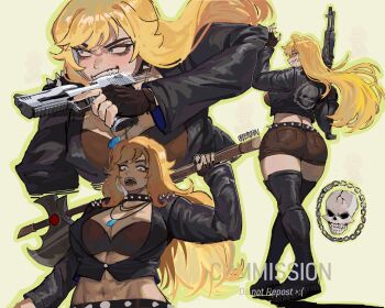 1girl axe black_boots black_jacket blonde_hair boots brown_shorts choker clenched_teeth commentary grin gun gun_in_mouth handgun highres jacket jewelry long_hair midriff necklace original projected_inset sadak0 short_shorts shorts smile spiked_belt spiked_choker spiked_jacket spikes standing symbol-only_commentary teeth thigh_boots toned weapon