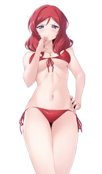 1girl absurdres bikini breasts commentary_request hand_on_own_hip highres jewelry kirisaki_reina looking_at_viewer love_live! love_live!_school_idol_project medium_breasts medium_hair navel necklace nishikino_maki purple_eyes red_bikini red_hair side-tie_bikini_bottom simple_background solo stomach swimsuit thighs v-shaped_eyebrows white_background