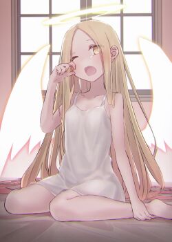 1girl angel_notes angel_wings bare_shoulders barefoot blonde_hair blush breasts dress forehead halo highres long_hair looking_at_viewer one_eye_closed open_mouth parted_bangs sitting small_breasts solo v/v white_dress window wings yawning yellow_eyes yubeshi_(zecxl)