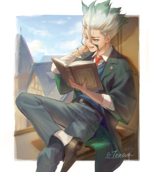Rule 34 | 1boy, absurdres, adpp5784, artist name, belt, book, boots, brown boots, collared shirt, crossed legs, dated, dr. stone, gradient hair, green hair, green jacket, highres, holding, holding book, ishigami senkuu, jacket, male focus, multicolored hair, necktie, open book, open mouth, pants, reading, red eyes, red necktie, school uniform, shirt, shoes, signature, sitting, smile, socks, solo, spiked hair, two-tone hair, white hair, white shirt