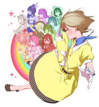 Rule 34 | 6+girls, absurdres, asaka karin, awakening promise (love live!), blue neckerchief, blush, bow, brown hair, butterfly (love live!), closed eyes, closed mouth, commentary request, dive! (love live!), dress, emma verde, emotion (love live!), eutopia (love live!), gloves, hairclip, haruruhaharur, hat, hat bow, highres, holding, holding unworn clothes, holding unworn hat, konoe kanata, la bella patria (love live!), love live!, love live! nijigasaki high school idol club, mia taylor, mifune shioriko, miyashita ai, multiple girls, nakasu kasumi, neckerchief, official alternate costume, osaka shizuku, parallel hairclips, polka dot, poppin' up! (love live!), saiko heart (love live!), short hair, short sleeves, smile, solitude rain (love live!), star (symbol), stars we chase (love live!), tennoji rina, tsunagaru connect (love live!), uehara ayumu, unworn hat, unworn headwear, vivid world (love live!), white bow, white gloves, yellow dress, yellow hat, yuki setsuna, zhong lanzhu