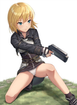 1girl blonde_hair blue_eyes closed_mouth fingerless_gloves full_body gloves gun highres holding holding_gun holding_weapon kamuchin_soda maria_traydor panties short_hair skirt solo star_ocean star_ocean:_till_the_end_of_time underwear weapon white_panties