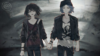 2girls arm_tattoo bag beanie black_hair black_hat black_jacket blue_eyes blue_hair blurry blurry_background bracelet bullet_necklace chloe_price commentary cropped_jacket denim english_commentary freckles gameplay_mechanics hat highres holding_hands hood hood_down hooded_jacket jacket jeans jewelry life_is_strange_(series) life_is_strange_1 looking_at_viewer max_caulfield multiple_bracelets multiple_girls open_clothes open_jacket open_mouth pants parted_bangs print_shirt sank shirt short_hair shoulder_bag snake_print spiked_bracelet spikes spoilers t-shirt tattoo torn_clothes torn_shirt tornado yuri