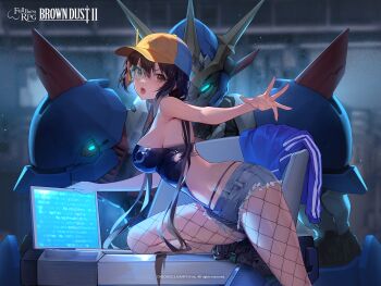 1girl artist_request black_hair black_shoes blue_hat breasts brown_dust_(series) brown_dust_2 brown_eyes computer copyright_name copyright_notice fishnet_pantyhose fishnets hat highres holding holding_laptop laptop long_hair multicolored_hat official_art open_mouth pantyhose rafina_(brown_dust) shoes short_shorts shorts yellow_hat