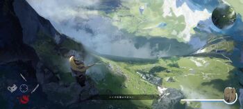 1girl absurdres asteroid_ill bird bird's_eye_view blonde_hair commentary_request cornea_(asteroid_ill) day floating_hair fog from_above grass health_bar highres landscape long_hair minimap mountain nature original outdoors road rock scenery solo standing town translation_request user_interface valley video_game_dialogue_box wide_shot