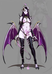 1futa black_claws black_eyes body_markings breasts breats colored_cum cum cumdrip demon_girl demon_horns demon_wings earrings ejaculation erection futanari grey_background highres horns jewelry long_hair medium_breasts medium_penis navel nipple_piercing penis piercing pointy_ears simple_background solo tarakanovich testicles thighhighs torn_clothes torn_thighhighs warhammer_40k wings