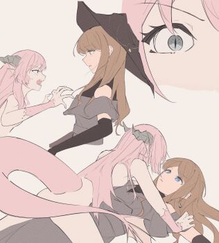 2girls absurdres bang_dream! bang_dream!_it's_mygo!!!!! black_hat blue_eyes breasts brown_hair chihaya_anon commentary completely_nude demon_horns dress earrings fangs grey_background grey_dress hat highres horns jewelry long_hair maa-chan_(sima) multiple_girls nagasaki_soyo nude pink_hair simple_background slit_pupils small_breasts twintails untranslatable_commentary witch_hat yuri