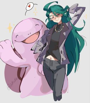 1girl ahoge artist_name closed_mouth commentary ear_piercing earrings english_commentary gen_2_pokemon green_hair hand_in_own_hair heart highres jewelry long_hair looking_at_viewer luh_uhh navel necklace nintendo official_alternate_costume official_alternate_hairstyle piercing pokemon pokemon_(creature) pokemon_masters_ex quagsire red_eyes rika_(palentine's_2026)_(pokemon) rika_(pokemon) smile spoken_heart twitter_username