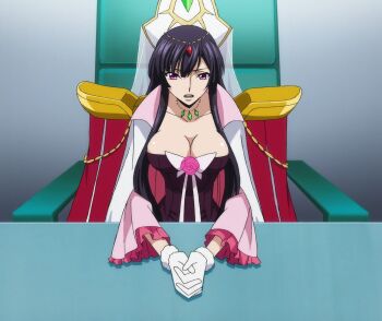 1girl black_hair breasts cleavage code_geass code_geass:_dakkan_no_roze collarbone haruyanagininomiya_sakura highres large_breasts long_hair purple_eyes solo stitched third-party_edit