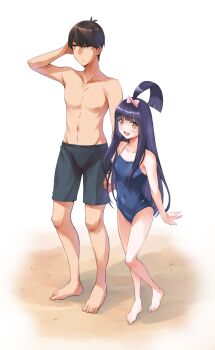 1boy 1girl :d arms_at_sides bare_arms barefoot black_male_swimwear blue_one-piece_swimsuit blunt_bangs blunt_ends blush border bow breasts brother_and_sister brown_hair collarbone commentary_request competition_school_swimsuit covered_navel from_side full_body go-toubun_no_hanayome hair_bow height_difference highres hikari_no_oukokumin long_hair male_swimwear one-piece_swimsuit one_side_up open_mouth outside_border pink_bow purple_hair school_swimsuit short_hair siblings sidelocks small_breasts smile spaghetti_strap standing straight_hair swimsuit thighs topknot topless_male uesugi_fuutarou uesugi_raiha very_long_hair yellow_eyes