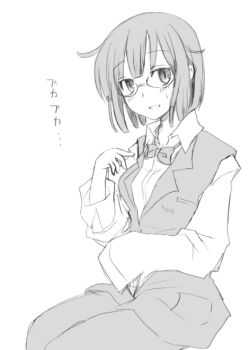 1girl bartender bob_cut bow bowtie durarara!! glasses greyscale looking_at_viewer monochrome nanasaki oversized_clothes oversized_shirt shirt short_hair solo sonohara_anri sweat vest white_background