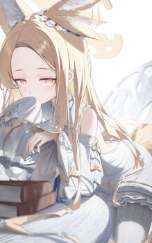 1girl absurdres achib animal_ear_fluff animal_ears bird blonde_hair blue_archive blurry blurry_background book bright_pupils chair collared_dress covering_own_mouth detached_sleeves dress ear_wreath elbow_rest extra_ears flapping_ears flower fox_ears fox_girl fox_tail frilled_dress frills gradient_eyes hair_flower hair_ornament halo highres huge_filesize leaning_on_table light_blush loli long-tailed_tit long_hair looking_at_viewer motion_lines multicolored_eyes parted_bangs petticoat red_eyes sailor_collar school_uniform seia_(blue_archive) sleeve_bow sleeveless sleeveless_dress sleeves_past_fingers sleeves_past_wrists slit_pupils solo straight_hair table tail tail_wagging tit_(bird) very_long_hair white_dress white_flower white_pupils wing_flapping yellow_eyes yellow_halo