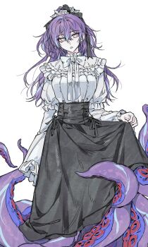 1girl :o absurdres bib_collar black_bow black_ribbon black_skirt blue_hair bow bowtie breasts expressionless eyelashes frilled_shirt_collar frilled_sleeves frills genderswap genderswap_(mtf) grey_eyes hair_between_eyes hair_bow hair_ornament high-waist_skirt high_ponytail highres hoshirube_sho juliet_sleeves long_hair long_skirt long_sleeves looking_at_viewer medium_breasts multicolored_hair mummeo_p nijisanji open_mouth ponytail puffy_sleeves purple_hair ribbon shirt simple_background skirt skirt_hold sleeves_past_fingers sleeves_past_wrists solo standing streaked_hair suction_cups tentacles virtual_youtuber white_background white_bow white_bowtie white_shirt