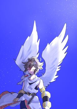 Rule 34 | 1boy, blue background, brown hair, closed eyes, commentary, feathered wings, highres, kid icarus, male focus, nintendo, pit (kid icarus), pito0028, short hair, signature, solo, white wings, wings