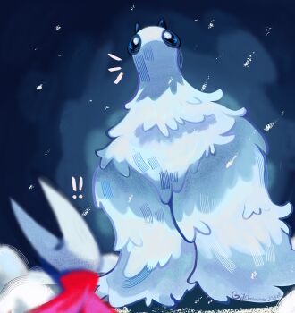 ! !! absurdres bird blue_eyes cloak falling_feathers fayforn_(hollow_knight) feathers from_behind highres hollow_knight hollow_knight:_silksong horned_mask hornet_(hollow_knight) horns jchococher35340 looking_at_another mask red_cloak white_feathers white_fur white_mask wings