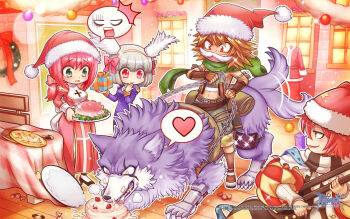 2boys 2girls argyle_clothes argyle_coat belt black_footwear black_pants black_scarf blonde_hair blue_scarf blunt_bangs blush bob_cut boots bow breasts brown_belt brown_footwear brown_gloves cake camouflage camouflage_shorts candy checkerboard_cookie christmas coat cookie copyright_notice crop_top double_neck_guitar dress eating fake_facial_hair fake_mustache fake_wings feathered_wings fingerless_gloves food fujimaru_ao full_body fur-trimmed_headwear fur_trim gingerbread_man gloves green_eyes green_scarf green_shirt green_shorts grey_hair guest_art guitar hair_bow hat head_wings heart high_heels high_priest_(ragnarok_online) highres holding holding_instrument holding_reins indoors instrument juliet_sleeves logo long_hair long_sleeves looking_at_animal medium_breasts minstrel_(ragnarok_online) multiple_boys multiple_girls official_art official_wallpaper open_mouth pants piglet pink_bow pink_dress pink_eyes pink_hair pizza polka_dot polka_dot_scarf priest_(ragnarok_online) puffy_sleeves purple_dress ragnarok_online ranger_(ragnarok_online) red_coat red_eyes red_hat reins riding roast_pork santa_hat savage_babe scarf shirt short_hair shorts sleeveless sleeveless_shirt smile smug spiked_hair spoken_heart standing striped_clothes striped_scarf surprised tail tail_wagging thighhighs two-tone_dress white_dress white_scarf white_thighhighs white_wings window wings wolf wrapped_candy x_x