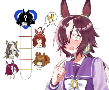 !? 6+girls animal_ears aston_machan_(umamusume) baejimile black_hair blue_eyes blush bow brown_hair commentary crown daiwa_scarlet_(umamusume) dream_journey_(umamusume) english_commentary eyepatch glasses green_eyes hair_over_one_eye highres horse_ears horse_girl kiss_meter_(meme) long_hair long_sleeves looking_at_viewer meme mini_crown multicolored_hair multiple_girls one_side_up open_mouth purple_sailor_collar purple_shirt red_desire_(umamusume) red_hair red_veil sailor_collar school_uniform shirt tanino_gimlet_(umamusume) tracen_school_uniform twintails two-tone_hair umamusume veil vodka_(umamusume) white_bow white_hair yellow_eyes