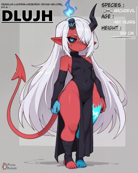 1girl absurdly_long_hair absurdres ai-assisted bare_shoulders blue_eyes blue_skin bored breasts bridal_gauntlets broken_horn character_age character_name character_profile claws colored_skin demon demon_girl demon_horns demon_tail dlujh_(protokebab) dress elbow_gloves female_focus fewer_digits fiery_horns full_body gloves hair_over_one_eye highres horns leg_wrap long_hair looking_at_viewer monster_girl multicolored_skin navel one_eye_covered original pelvic_curtain pointy_ears protokebab red_skin reference_sheet shortstack small_breasts solo standing stirrup_footwear tail thick_thighs thighs toe_claws very_long_hair white_hair