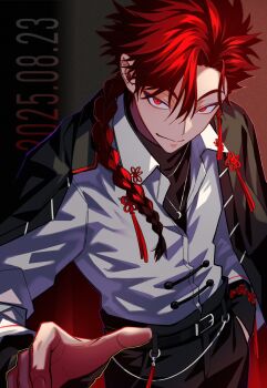 Rule 34 | 1boy, 8 p350, belt, belt buckle, black background, black belt, black coat, black pants, black shirt, bracelet, braid, braided ponytail, buckle, buttons, character name, chinese knot, closed mouth, coat, coat on shoulders, collared shirt, commentary request, cowboy shot, dated, dress shirt, earrings, eyeliner, gradient background, hair between eyes, hair over shoulder, hand in pocket, highres, jewelry, long hair, long sleeves, looking at viewer, makeup, male focus, necklace, pants, parted bangs, red background, red eyeliner, red eyes, red hair, shiguang dailiren, shirt, single braid, single earring, sleeves past wrists, smile, solo, standing, tassel, tassel earrings, turtleneck, two-sided coat, two-sided fabric, undershirt, wallet chain, white shirt, xiao weiying