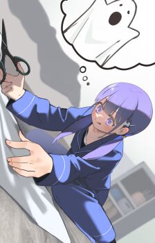1girl areola_slip breasts foreshortening hair_ornament hayakawa_sena_(pei_iriya) highres holding holding_scissors original pei_iriya purple_eyes purple_hair scissors small_breasts solo twintails