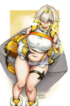 1girl black_gloves blonde_hair blush breasts closed_mouth commentary cropped_sweater denim denim_shorts detached_sleeves elegg_(nikke) english_commentary erogeist eyebrows_hidden_by_hair fang full-face_blush gloves goddess_of_victory:_nikke grabbing_own_stomach hair_intakes hair_over_one_eye large_breasts looking_at_viewer navel plump purple_eyes short_hair short_shorts shorts sitting skin_fang solo stomach sweater thigh_strap white_sweater