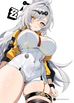 Rule 34 | 1girl, absurdres, adapted costume, ahoge, blush, breasts, closed mouth, covered navel, cropped jacket, harutoyumaarts, highres, jacket, large breasts, leotard, long hair, looking at viewer, ring light reflection, solo, thigh strap, very long hair, white hair, white leotard, yellow eyes, yellow jacket, yixuan (zenless zone zero), zenless zone zero