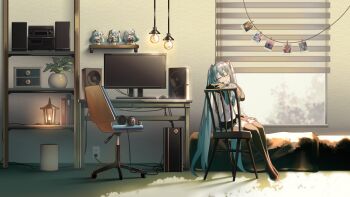 1girl black_boots black_skirt black_sleeves blue_hair blush boots chair closed_eyes closed_mouth computer computer_keyboard computer_mouse computer_tower desk detached_sleeves figure hair_between_eyes hatsune_miku headphones indoors long_hair long_sleeves monitor office_chair on_chair photo_(object) pleated_skirt saihate_(d3) shirt skirt smile solo speaker swivel_chair thigh_boots twintails very_long_hair vocaloid white_shirt wide_sleeves window window_blinds
