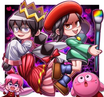 3girls absurdres adeleine beret black_hair black_socks bow braid commentary_request crown dark_matter_(kirby) evil_smile fairy fairy_wings freckles glasses hair_bow hal_laboratory hat heart highres holding holding_paintbrush kirby kirby_(series) kirby_64 kusaremix long_skirt looking_at_viewer low_twin_braids multiple_girls nintendo open_mouth paintbrush pink_hair possessed possession purple_eyes red_bow red_hat ribbon_(kirby) ripple_star_queen skirt sleeves_past_fingers sleeves_past_wrists smile socks sweat twin_braids wings