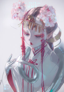 Rule 34 | 1=2, 1girl, 2025, black hair, chinese zodiac, circlet, closed eyes, commentary, english commentary, expressionless, eyelashes, eyeshadow, flower, gloves, hair flower, hair ornament, highres, japanese clothes, kimono, long hair, makeup, original, red eyeshadow, red lips, snake, solo, upper body, white facepaint, white kimono, white snake, year of the snake