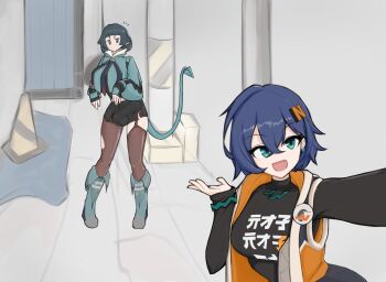 2girls belle_(zenless_zone_zero) black_gloves black_hair black_shirt black_shorts blue_hair boots breasts clothes_writing cover covered_penis covered_testicles crop_top fingerless_gloves futanari gloves green_eyes grey_boots grey_jacket jacket jane_doe_(zenless_zone_zero) large_breasts long_sleeves medium_breasts mouse_girl mouse_tail multiple_girls oneshow87 open_clothes open_jacket open_mouth outdoors pantyhose selfie shirt short_hair shorts single_leg_pantyhose single_thighhigh sleeveless sleeveless_jacket tail textless_version thighhighs traffic_cone zenless_zone_zero