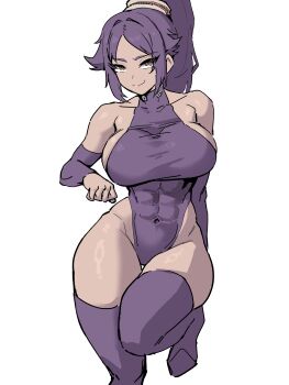 1girl abs bare_shoulders black_leotard black_thighhighs bleach bleach:_sennen_kessen-hen breasts closed_mouth collarbone dark-skinned_female dark_skin female_focus hair_ornament large_breasts leotard long_hair looking_at_viewer nyandoro ponytail purple_hair shihouin_yoruichi smile thighhighs thighs yellow_eyes