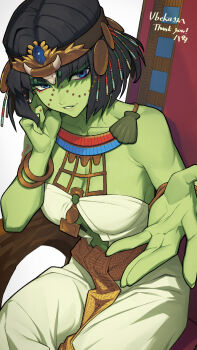 1girl bangle black_hair blue_eyes bracelet breasts center_opening chair cleavage colored_skin commission elbow_rest eyeliner green_skin grin hand_on_own_cheek hand_on_own_face hata4564 head_rest headdress highres jewelry looking_at_viewer makeup medium_breasts midriff_peek navel original reaching reaching_towards_viewer red_eyeliner sash short_hair simple_background sitting skeb_commission smile solo waist_sash white_background yellow_sash