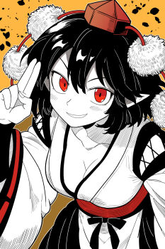1girl :d black_hair bollzzalguy breasts cleavage collarbone commentary double-parted_bangs hair_between_eyes hat highres japanese_clothes kimono kourindou_tengu_costume leaning_forward long_sleeves looking_at_viewer medium_breasts obi open_mouth pointy_ears pom_pom_(clothes) red_eyes red_hat red_sash salute sash shameimaru_aya short_hair smile solo tokin_hat touhou two-finger_salute upper_body v-shaped_eyebrows white_kimono wide_sleeves yellow_background