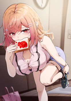 1girl absurdres adjusting_clothes adjusting_shoe ahoge akuame_(ring3922) bare_shoulders bent_over black_bra black_shoes blonde_hair blush bra bra_peek bread bread_slice breasts button_gap buttons cleavage commentary_request crossed_bangs flying_sweatdrops food food_in_mouth gradient_hair hair_between_eyes hairclip hand_up highres holding holding_food hololive hololive_dev_is ichijou_ririka ichijou_ririka_(1st_costume) indoors jam jewelry large_breasts light_particles long_hair looking_at_viewer multicolored_hair parallel_hairclips partially_unbuttoned pink_bag pink_shirt purple_skirt shirt shoes sidelocks skirt solo standing standing_on_one_leg sweat thighlet thighs underwear very_long_hair virtual_youtuber watch wristwatch