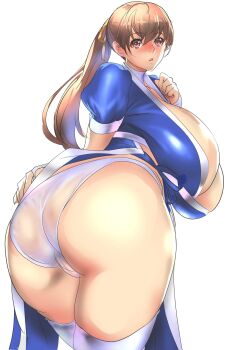 1girl ass ass_focus blush breasts brown_hair cleavage dead_or_alive from_behind highres huge_ass huge_breasts judge_(oekaki) kasumi_(doa) long_hair ninja panties pelvic_curtain ponytail short_sleeves underwear white_background