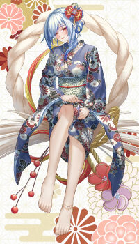 1girl absurdres anklet barefoot blush brown_eyes feet grey_hair highres hitpig honkai:_star_rail honkai_(series) japanese_clothes jewelry jingliu_(honkai:_star_rail) kimono long_hair looking_at_viewer parted_lips toes