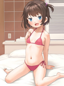 1girl :d barefoot bed bikini blue_eyes blush breasts brown_hair commentary_request highres indoors loli love_hotel meow_(nekodenki) micro_bikini navel on_bed one_side_up open_mouth original pillow red_bikini short_hair side-tie_bikini_bottom sitting small_breasts smile soles solo swimsuit tissue_box toes