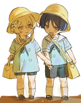 1boy 1girl aged_down alternate_costume arms_at_sides bag black_hair black_shorts blonde_hair blue_shirt blue_sleeves blunt_ends bright_pupils buttons child clenched_hand closed_mouth commentary contemporary double-breasted english_commentary flower frown full_body genshin_impact grey_eyes grey_neckerchief hair_flower hair_ornament half-closed_eyes hand_grab hat kindergarten_uniform light_blush looking_at_viewer lumine_(genshin_impact) makoto_ui123 mary_janes multicolored_hair neckerchief open_mouth purple_hair sailor_collar scaramouche_(genshin_impact) school_hat school_uniform shirt shoes short_hair short_hair_with_long_locks short_sleeves shorts shoulder_bag sidelocks sketch socks standing streaked_hair v-shaped_eyebrows white_background white_flower white_pupils white_sailor_collar white_socks wispy_bangs yellow_bag yellow_eyes yellow_hat