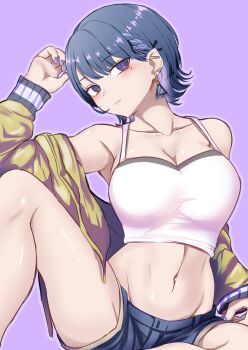 1girl braid breasts cleavage commentary_request earrings highres jacket jewelry koshimizu_toru large_breasts looking_at_viewer midriff mole mole_under_eye navel nijisanji purple_background purple_eyes purple_nails short_hair short_shorts shorts simple_background solo sumida_kichi triangle_earrings virtual_youtuber yellow_jacket