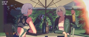 2girls absurdres alcohol bottle breasts commentary_request cup gloves hedge highres holding holding_bottle holding_cup irina_akulov jacket large_breasts midriff multiple_girls murderess_(xenoblade_x) open_clothes open_jacket outdoors patio_umbrella purple_eyes shirt short_hair table upper_body white_hair white_shirt wine xenoblade_chronicles_(series) xenoblade_chronicles_x yorukuji