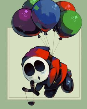 Rule 34 | balloon, belt, belt buckle, black belt, buckle, floating, full body, holding, holding slingshot, ixurcafe, mario (series), mask, nintendo, no pupils, paper mario, paper mario 64, red robe, robe, shoes, sky guy, slingshot (weapon), white mask