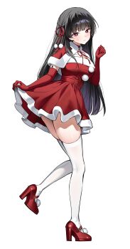 1girl absurdres alternate_costume ayoni_623 black_hair blush breasts bright_pupils capelet chisa_(wuthering_waves) closed_mouth commentary dress elbow_gloves from_side gloves hair_ribbon hand_up hashtag-only_commentary high_heels highres long_hair looking_at_viewer looking_to_the_side medium_breasts mole mole_under_eye red_capelet red_dress red_eyes red_gloves red_ribbon red_shoes ribbon shoes solo sweatdrop thighhighs thighs white_pupils white_thighhighs wuthering_waves