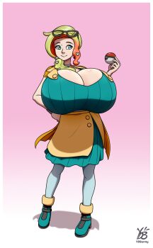 1girl aqua_eyes bianca_(dq5) blonde_hair breasts cleavage dragon_quest dragon_quest_v female_focus full_body fusion gigantic_breasts glasses hand_on_own_hip heart highres long_hair multicolored_hair nintendo orange_hair poke_ball pokemon pokemon_swsh solo sonia_(pokemon) two-tone_hair ydbunny