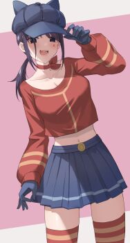 1girl :d animal_ear_headwear animal_ears arm_at_side black_eyes blue_gloves blue_hat blue_skirt breasts newsboy_cap cleavage collarbone commentary cool_mita_(miside) english_commentary facial_mark fake_animal_ears fang gloves hand_on_headwear hat highres large_breasts looking_at_viewer low_ponytail miside mita_(miside) navel open_mouth ponytail profnote purple_hair red_sweater red_thighhighs skirt smile sweater teardrop_facial_mark thighhighs