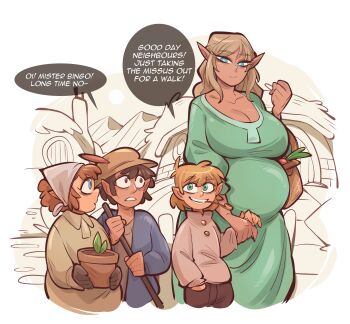 1boy 1girl absurdres age_difference breasts cleavage elf halfling highres huge_breasts large_breasts onee-shota pointy_ears saucymojo shota